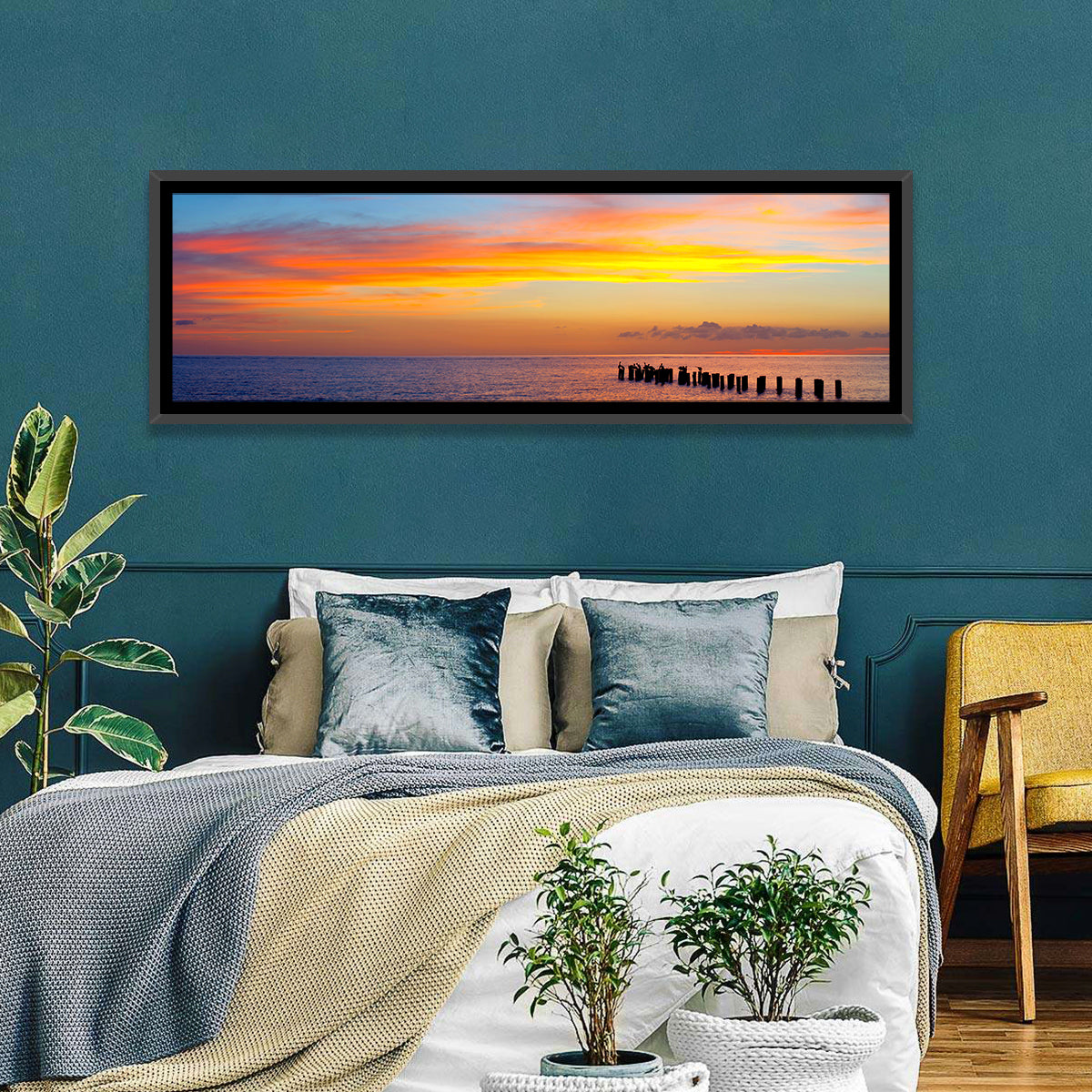 Naples Pier at Sunset Wall Art in a room, panoramic