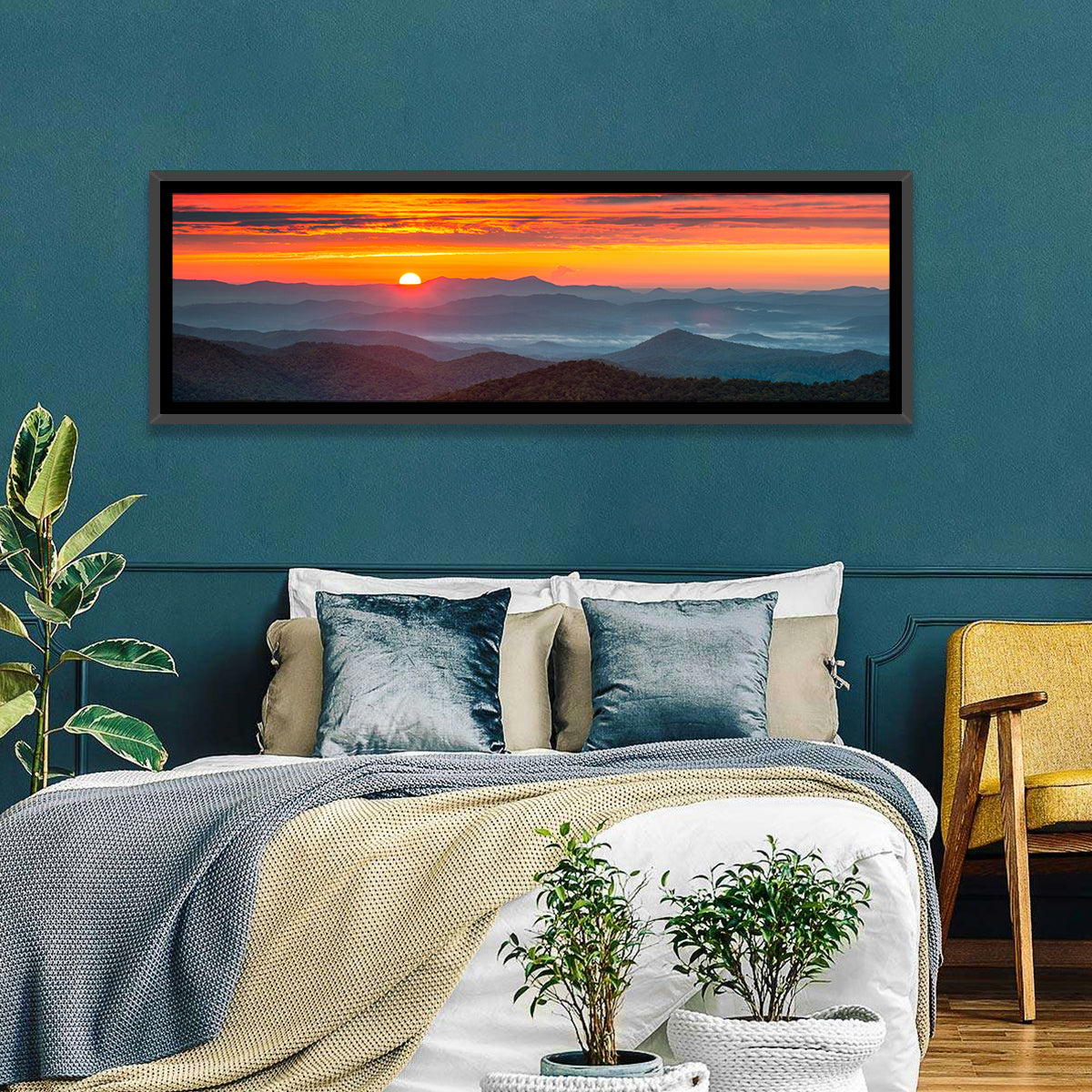 Blue Ridge Sunrise Over Misty Ridges Wall Art in a room, panoramic
