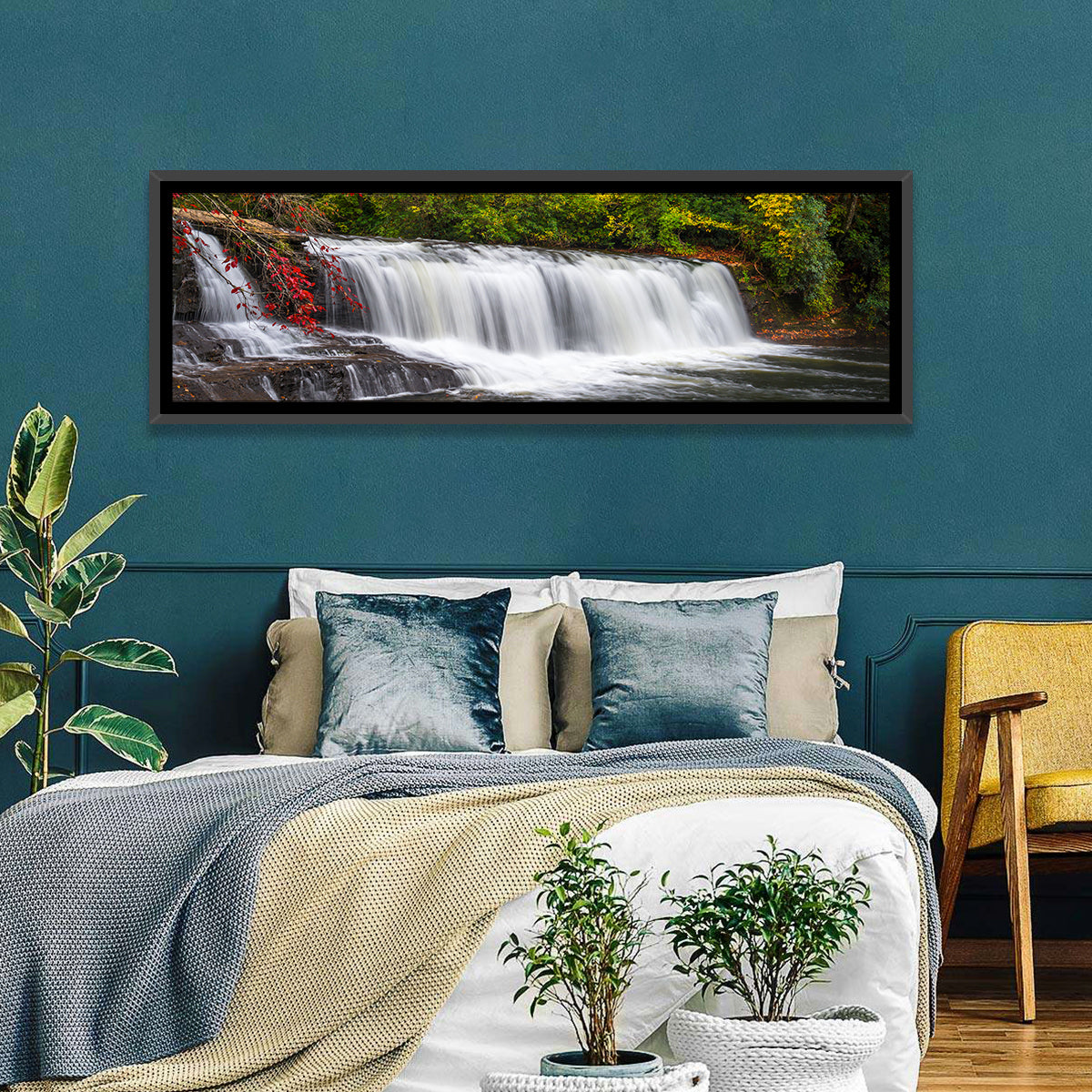 Blue Ridge Autumn Waterfall Wall Art in a room, panoramic