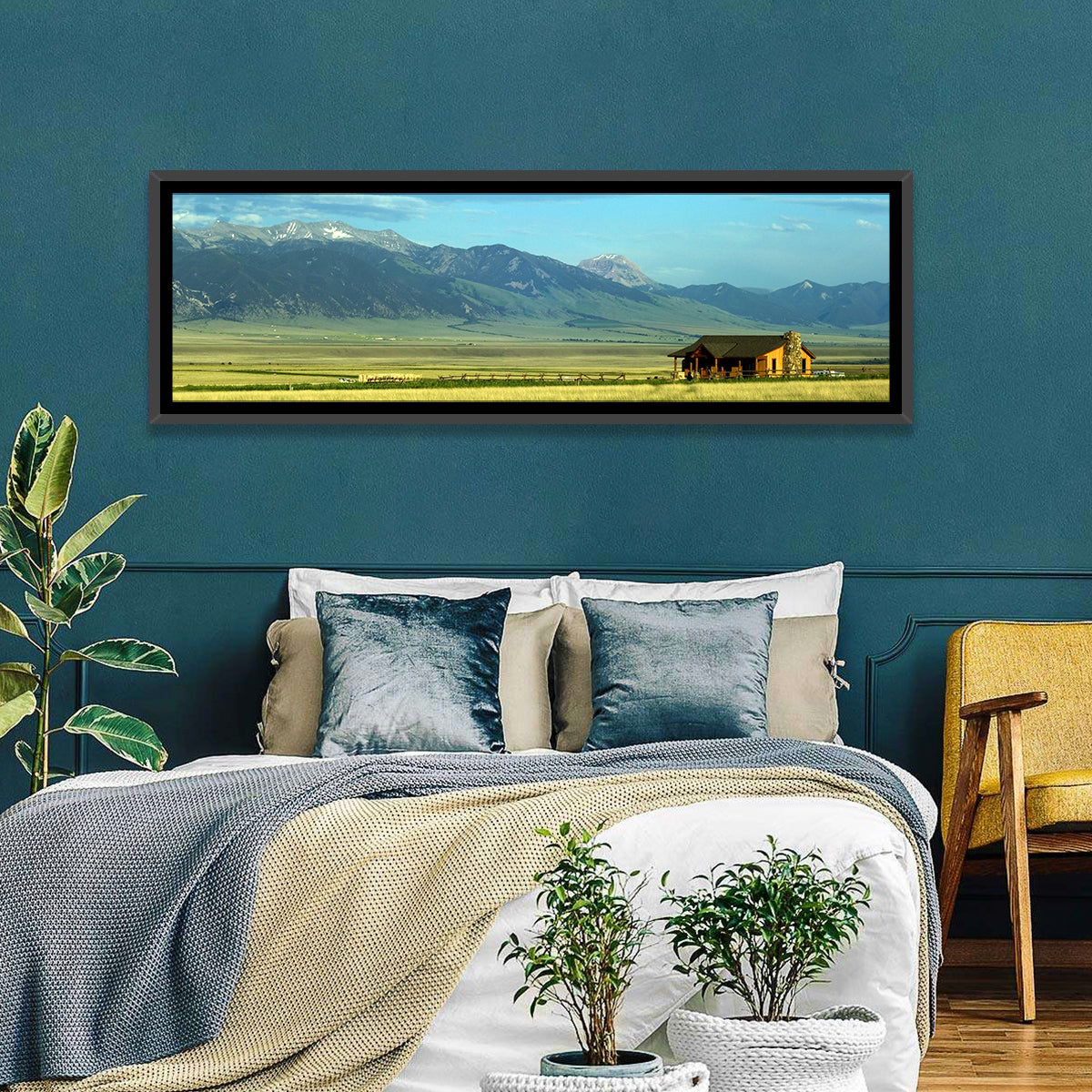 Montana Mountain Ranch Wall Art in a room, panoramic