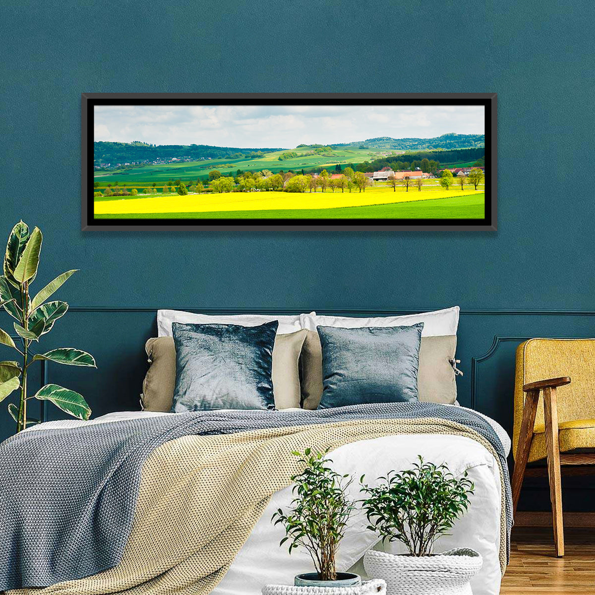 Czech Rapeseed Fields Wall Art in a room, panoramic