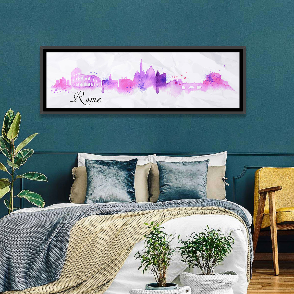 Watercolor Rome Skyline Wall Art in a room, panoramic