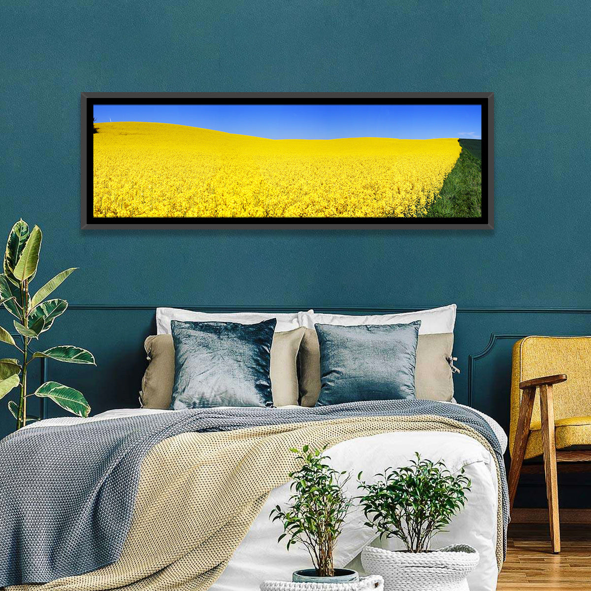 Sunlit Rapeseed Field Wall Art in a room, panoramic