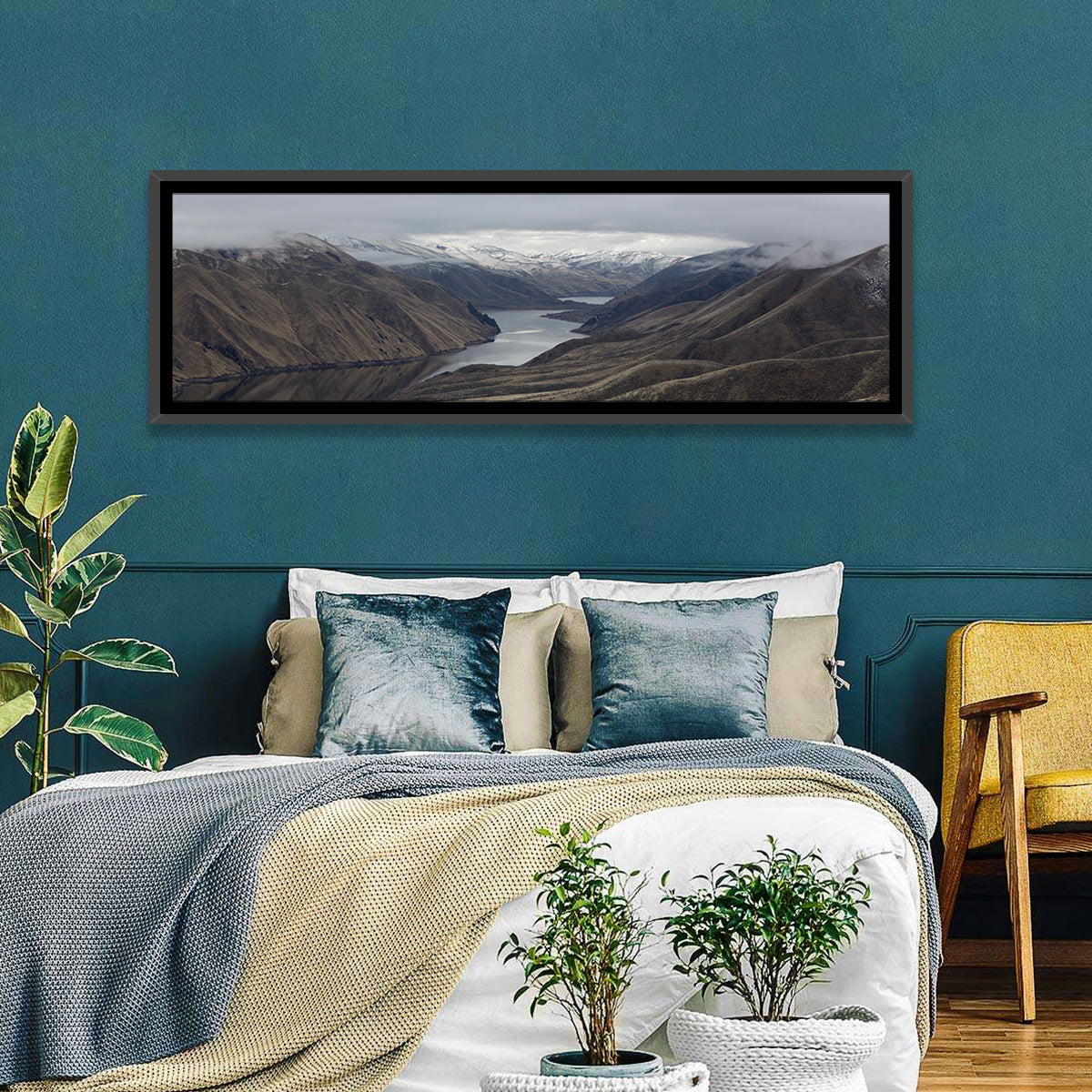 Snow-dusted Snake River Canyon Wall Art in a room, panoramic
