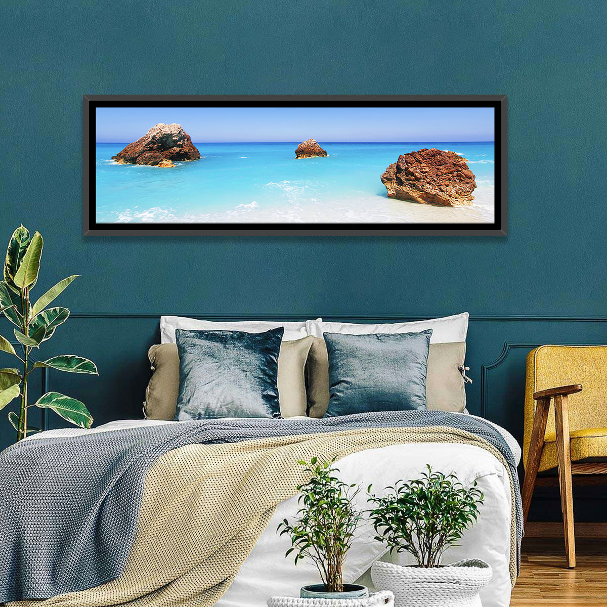 Lefkada Three Rocks Seascape Wall Art in a room, panoramic