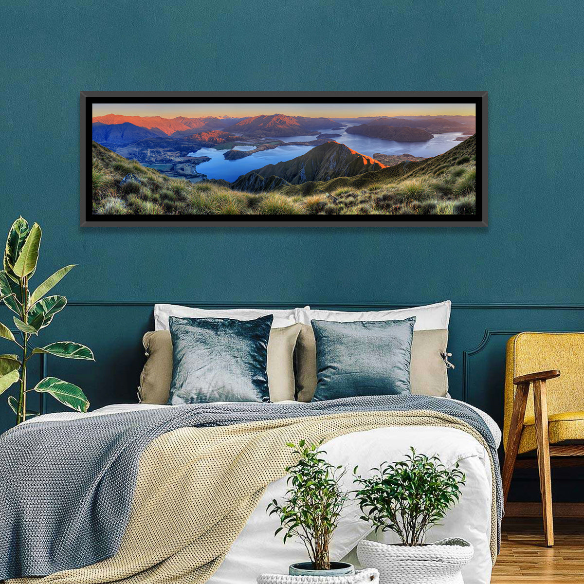Wanaka Golden Hour Over Roys Peak Wall Art in a room, panoramic