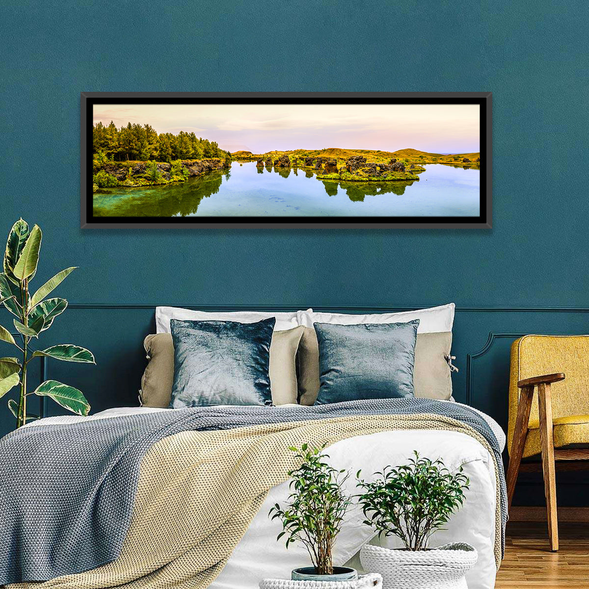 Lake Myvatn Reflections Wall Art in a room, panoramic