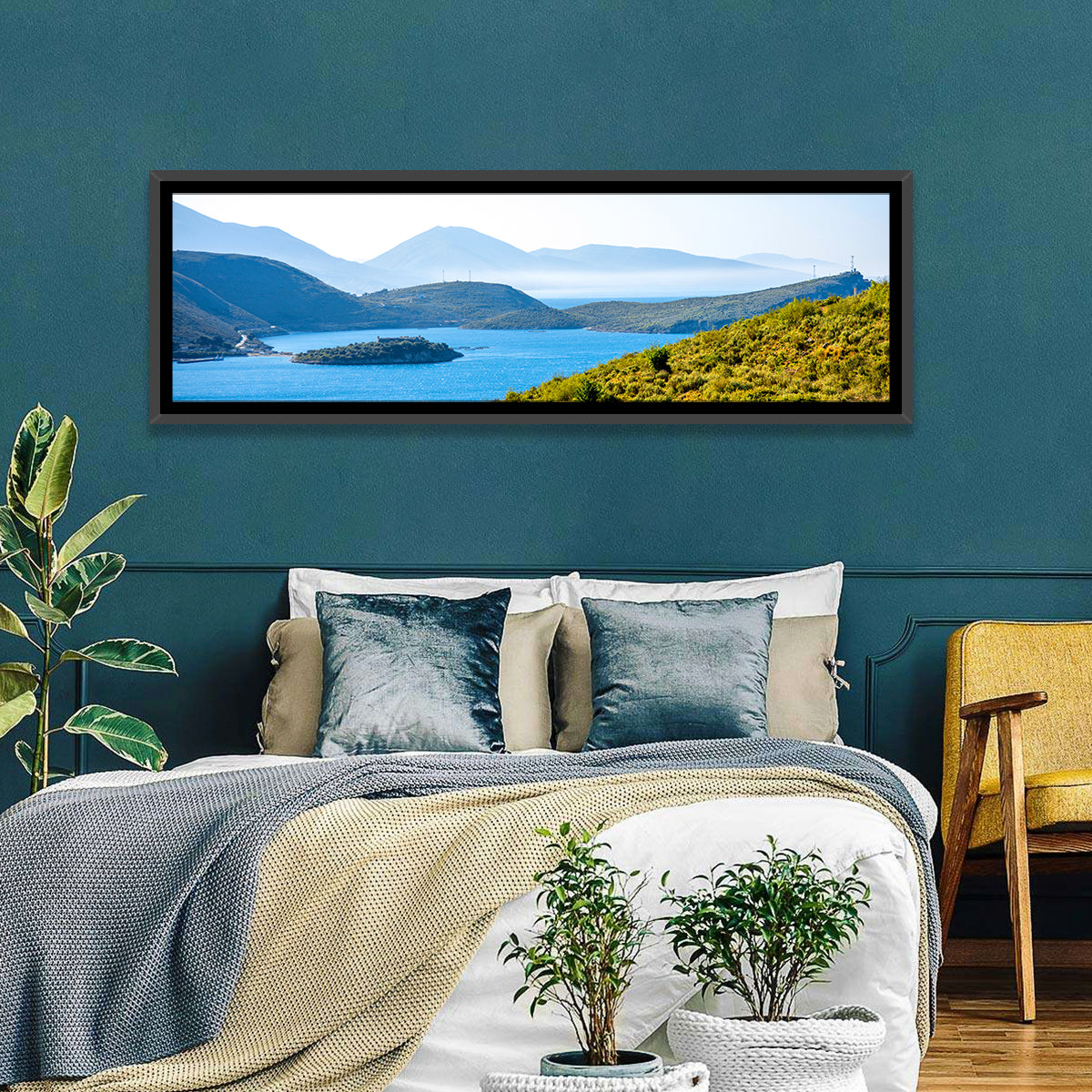 Porto Palermo Bay with Ali Pasha Castle Wall Art in a room, panoramic