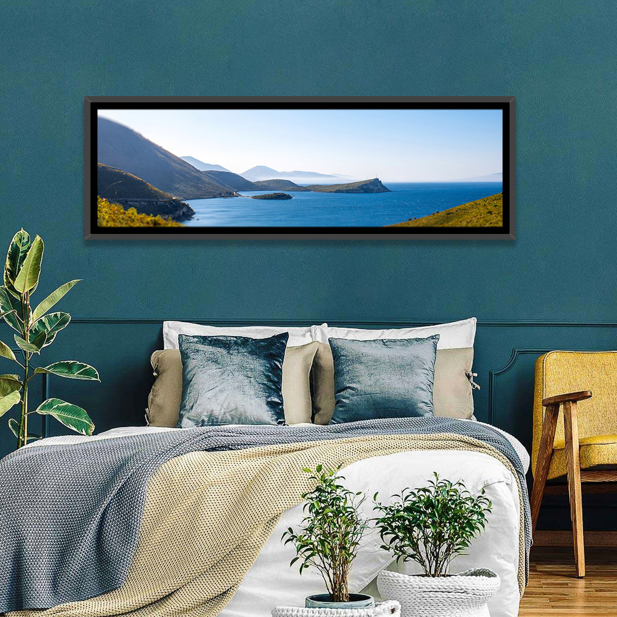 Coastal Cliffs and Lighthouse Bay Wall Art in a room, panoramic