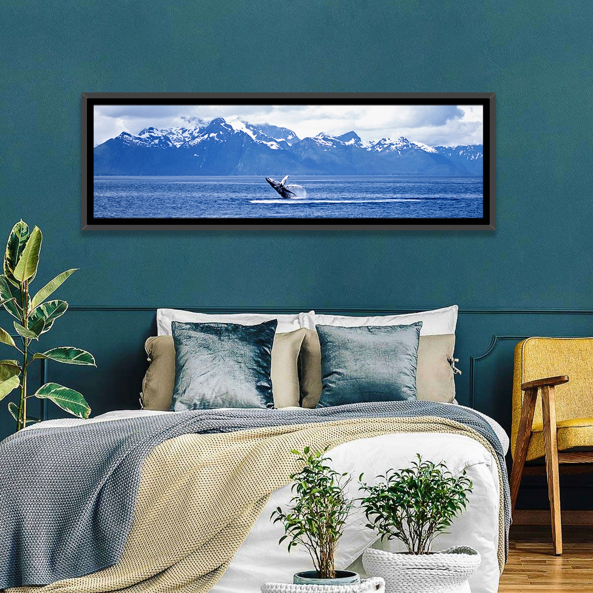 Humpback Whale with Snow Capped Mountains Wall Art in a room, panoramic