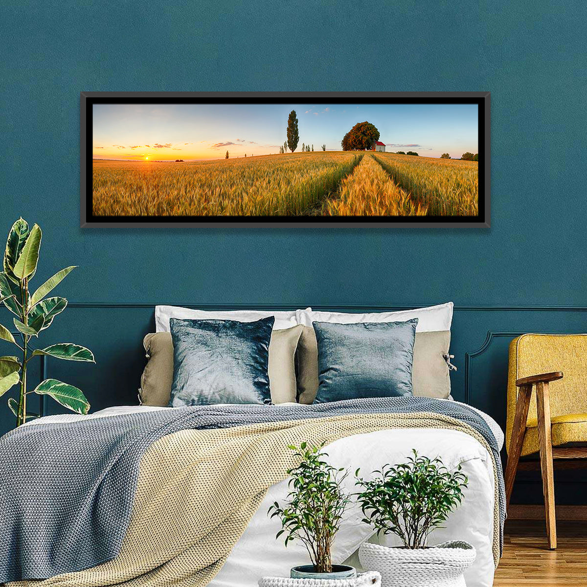 Sunset Wheat Field with Red Roof Cottage Wall Art in a room, panoramic