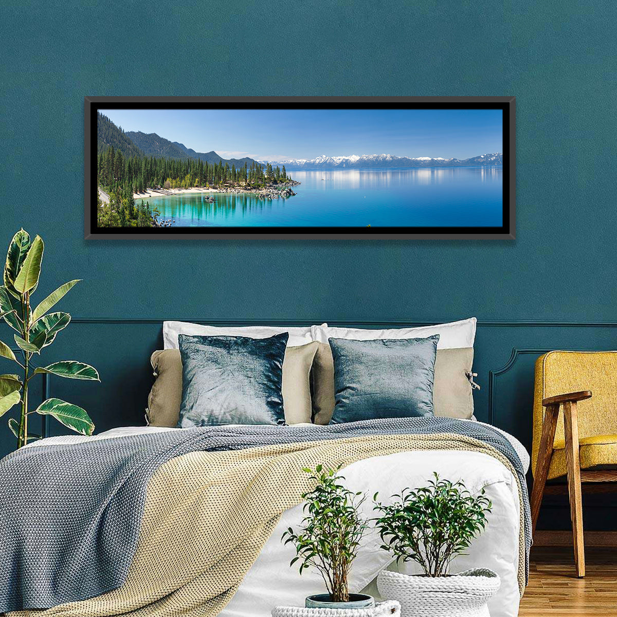 Lake Tahoe Turquoise Shoreline Wall Art in a room, panoramic