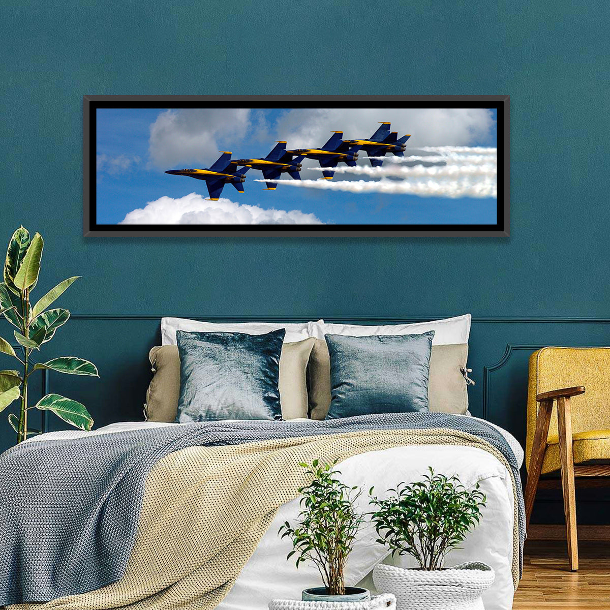 Blue and Gold Fighter Jets Wall Art in a room, panoramic