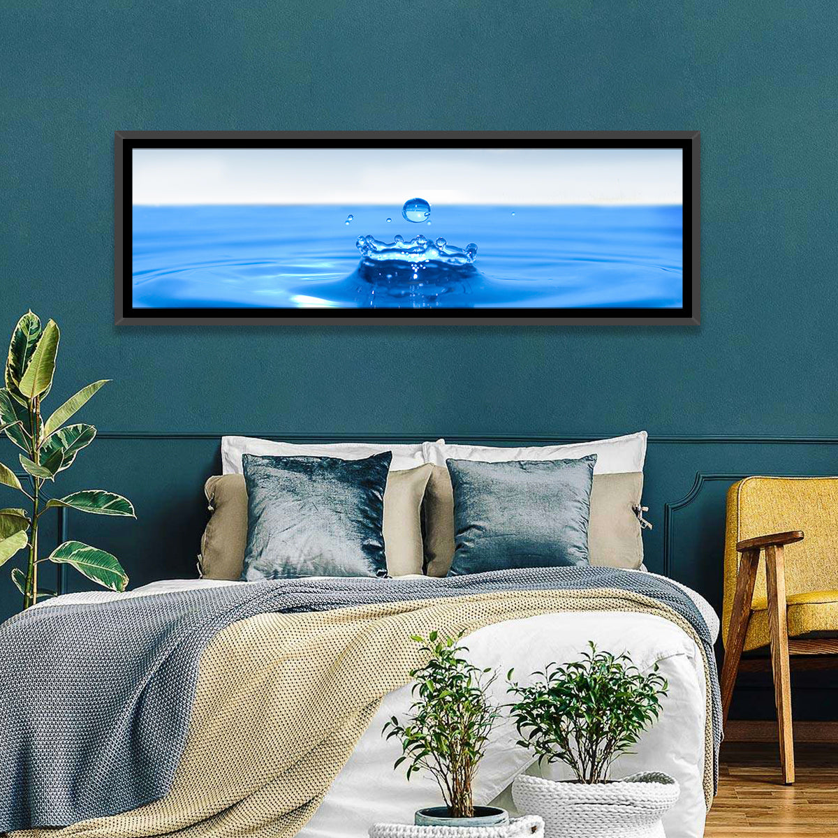 Ocean Water Drop Wall Art in a room, panoramic
