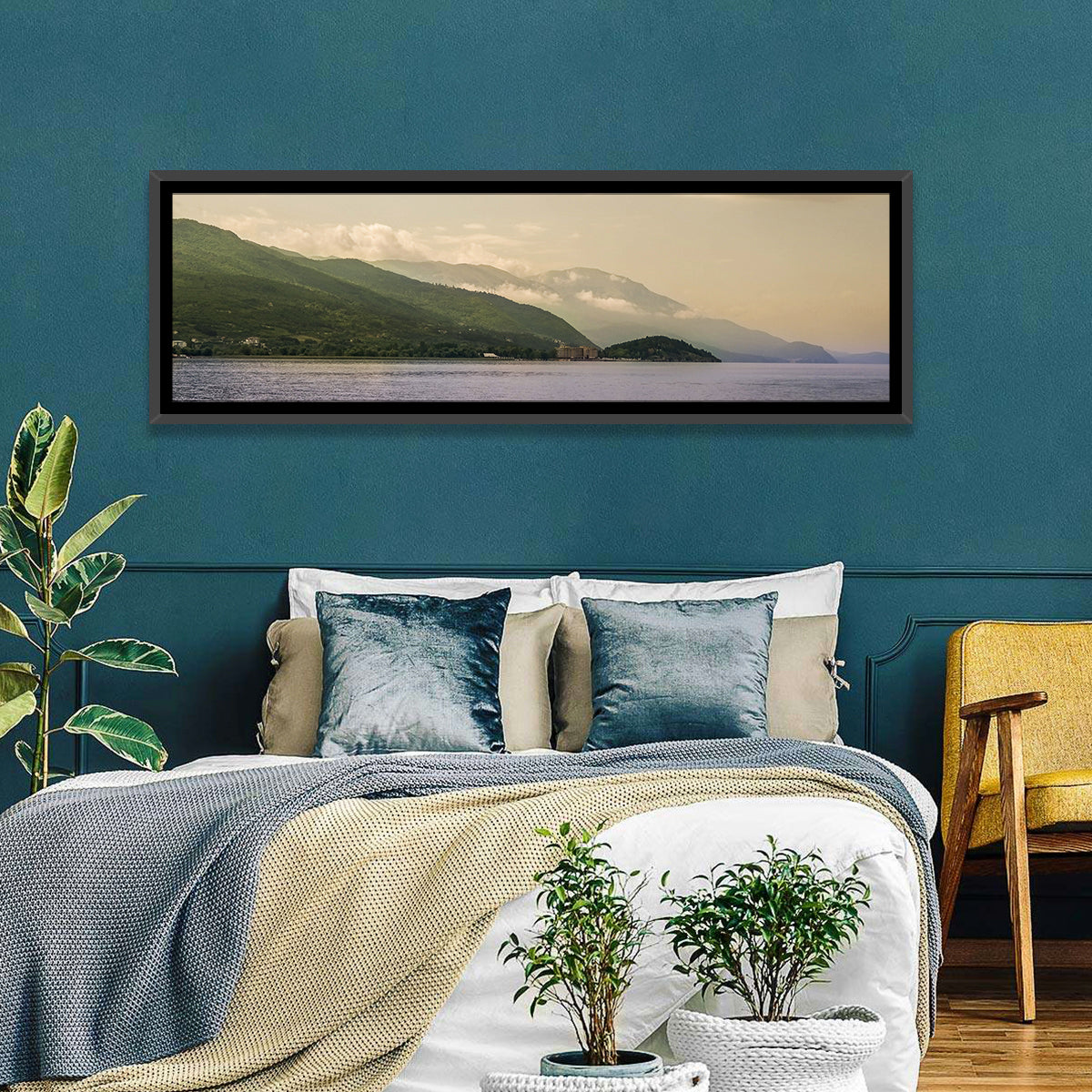 Ohrid Lakeshore Mountain View Wall Art in a room, panoramic