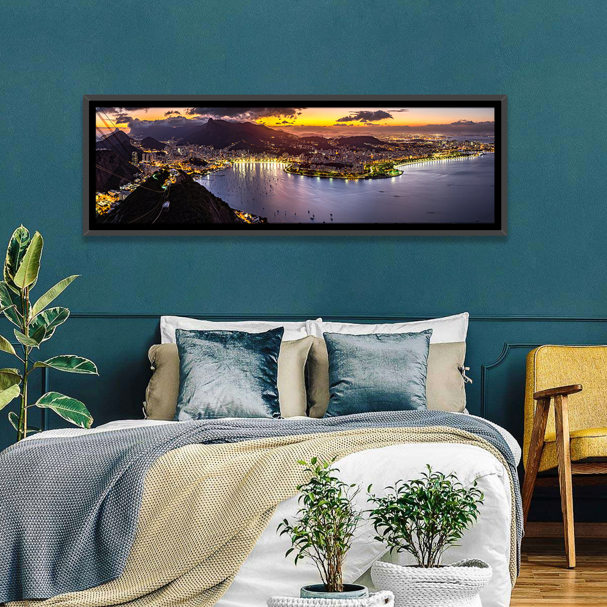 Rio De Janeiro Night Skyline Wall Art in a room, panoramic