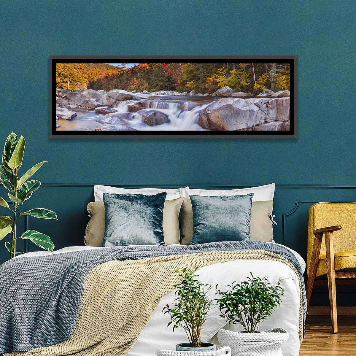 White Mountain Autumn River Wall Art in a room, panoramic