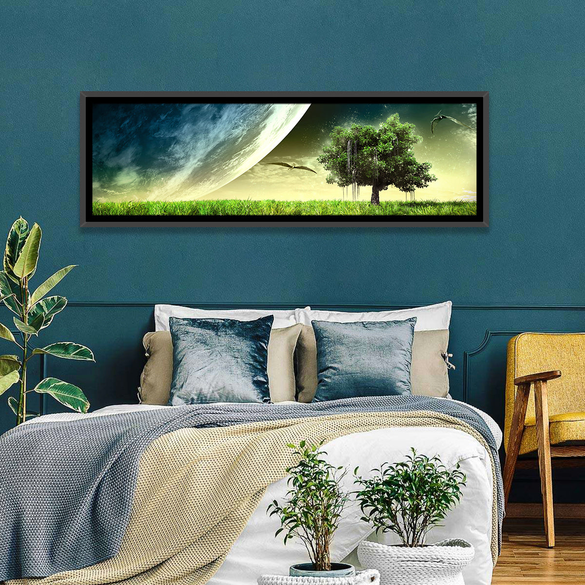 Alien Meadow Under a Giant Planet Wall Art in a room, panoramic