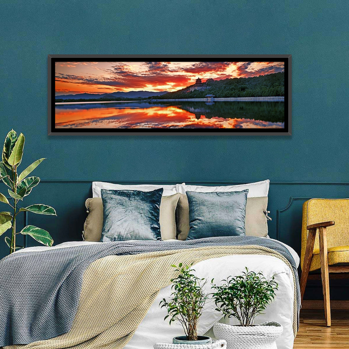 Kunming Lake Sunset, Summer Palace Wall Art in a room, panoramic