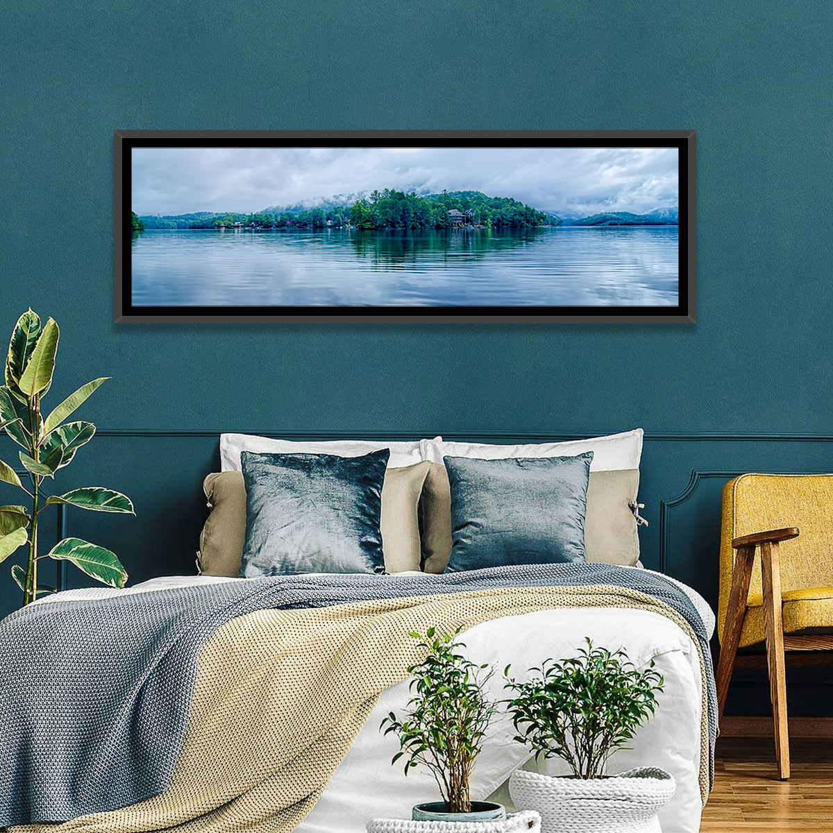 Lake Santeetlah Reflection Wall Art in a room, panoramic