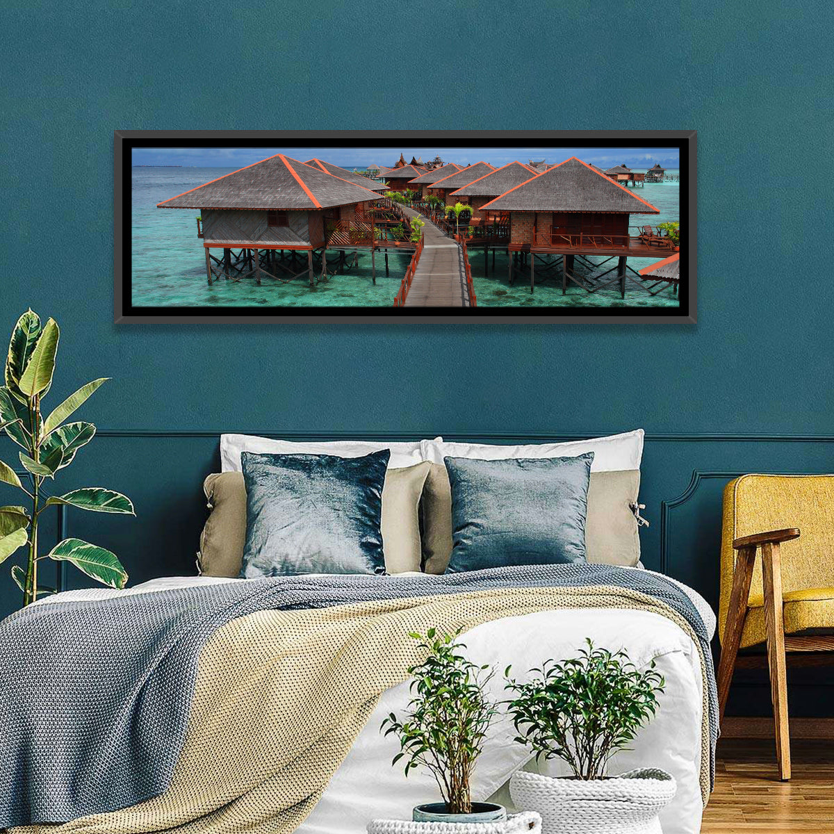 Overwater Bungalows Boardwalk Over Turquoise Sea Wall Art in a room, panoramic
