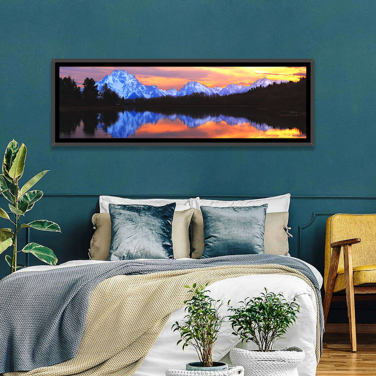 Grand Teton Sunset Reflection Wall Art in a room, panoramic
