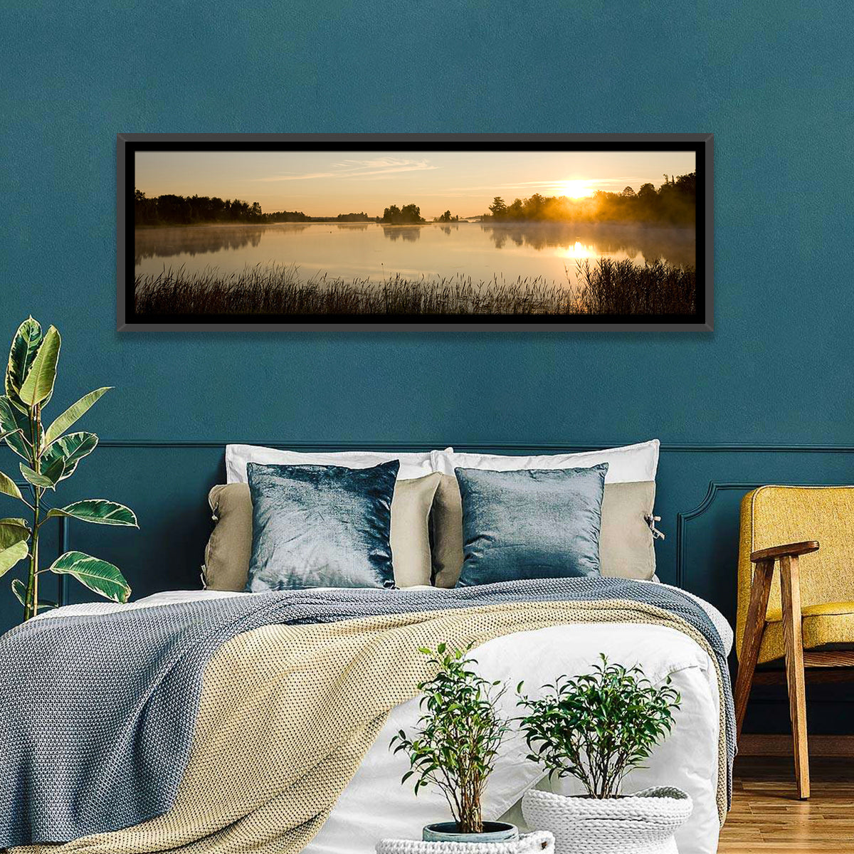 Tranquil Minnesota Lake Wall Art in a room, panoramic
