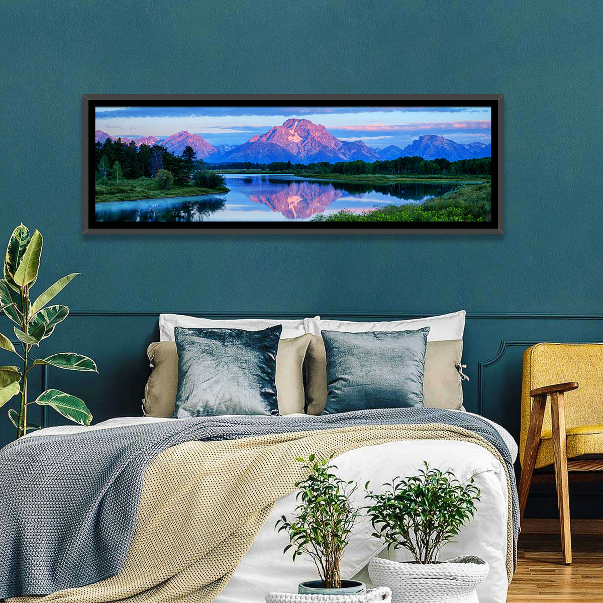 Oxbow Bend Dawn Reflection Wall Art in a room, panoramic