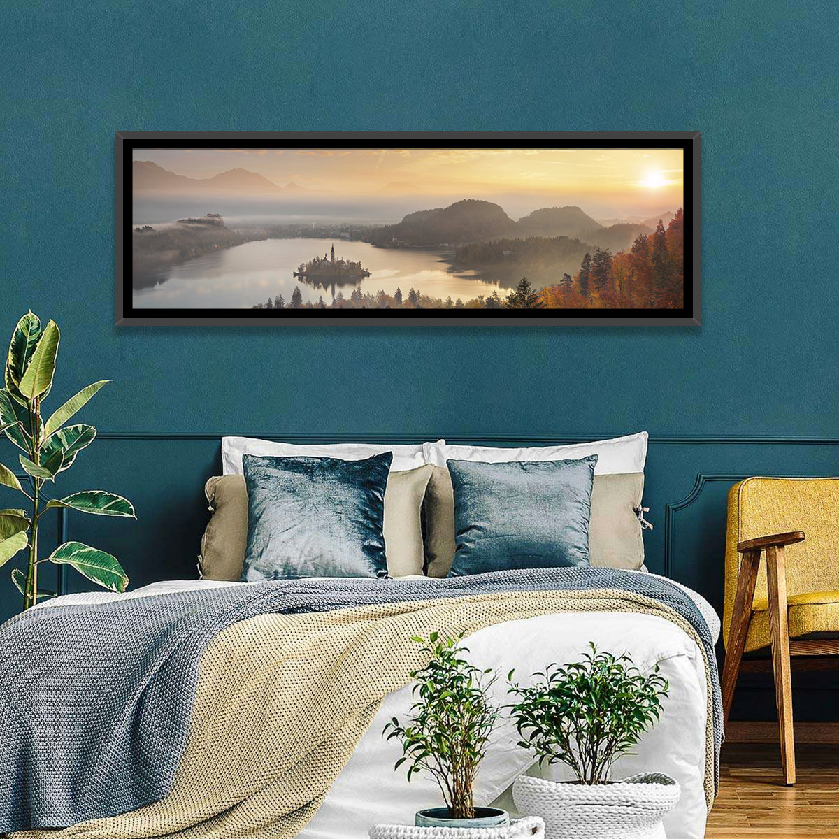 Autumn Morning at Lake Bled Wall Art in a room, panoramic