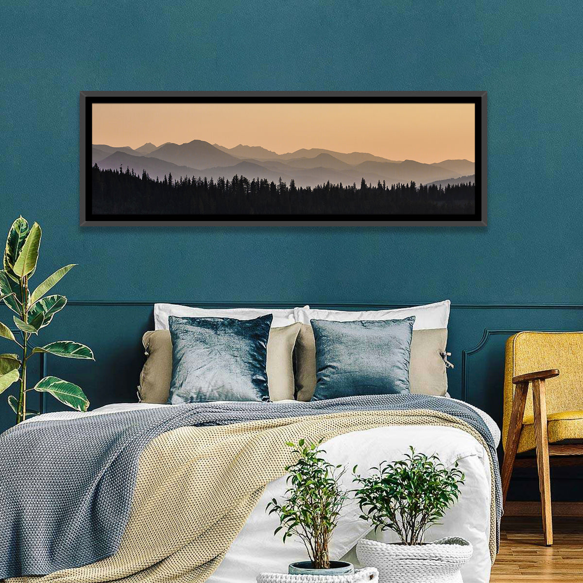 Lavender Mountain Ridge Silhouettes Wall Art in a room, panoramic
