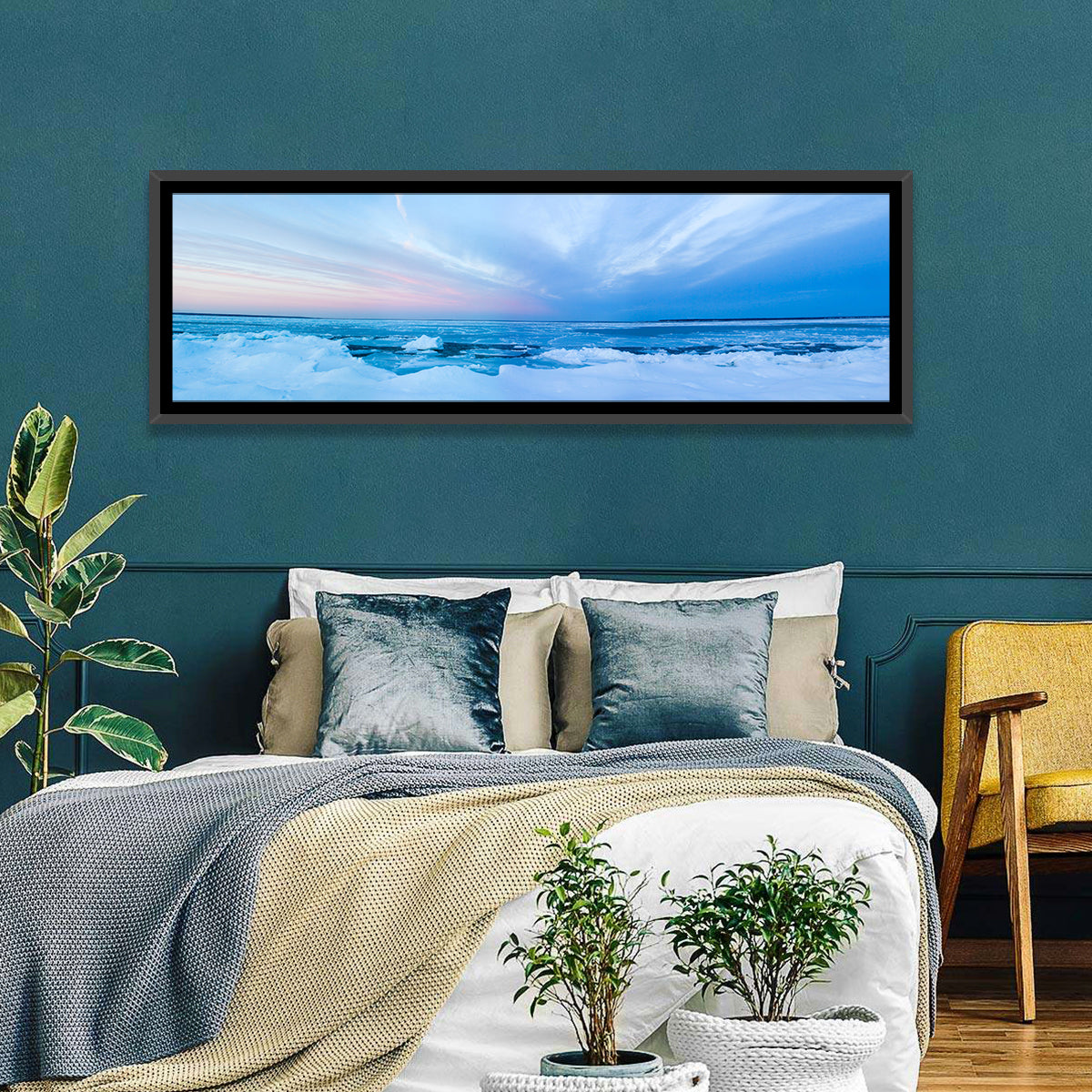 Frozen Blue Seascape Wall Art in a room, panoramic