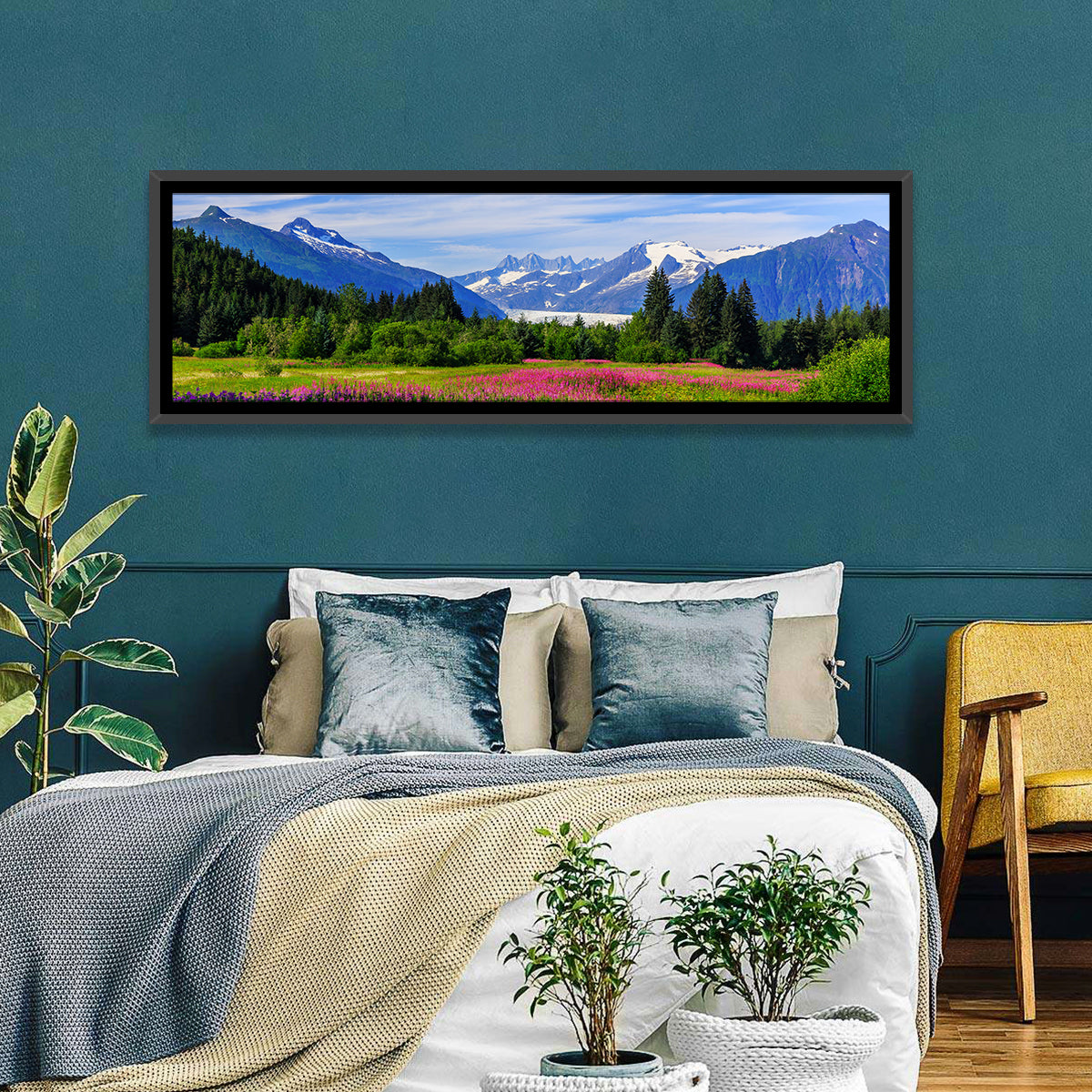 Juneau Meadow with Mendenhall Glacier Wall Art in a room, panoramic