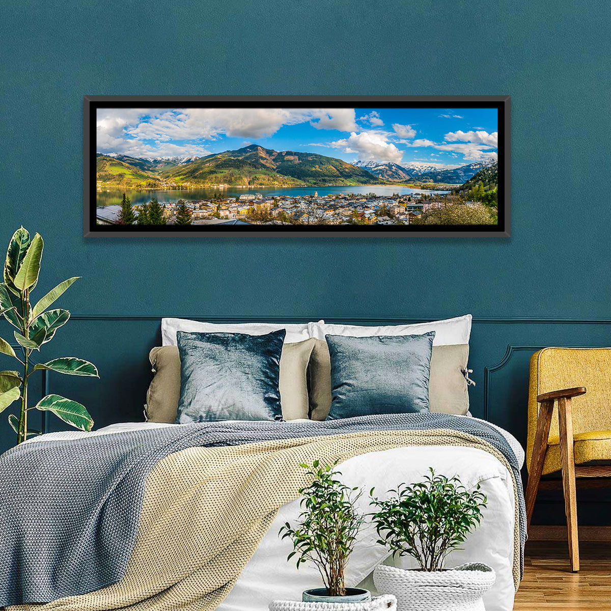 Zell Am See Shoreline Wall Art in a room, panoramic