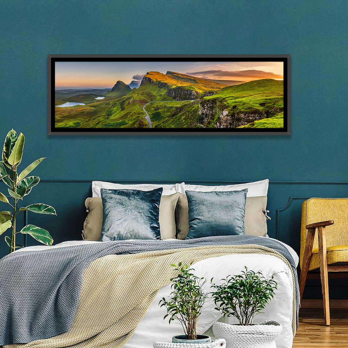 Quiraing Golden Hour, Isle of Skye Wall Art in a room, panoramic