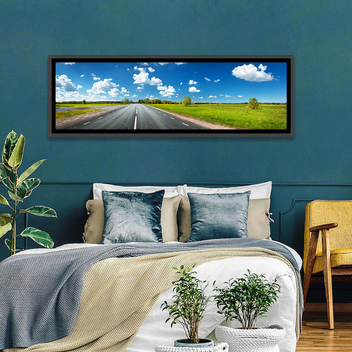 Asphalt Road Through Meadow Wall Art in a room, panoramic