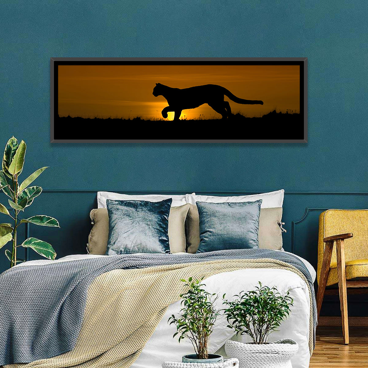 Cougar Silhouette at Sunset Wall Art in a room, panoramic