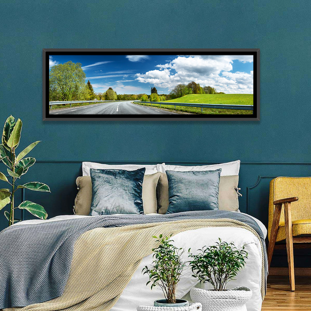 Sunlit Asphalt Road Wall Art in a room, panoramic