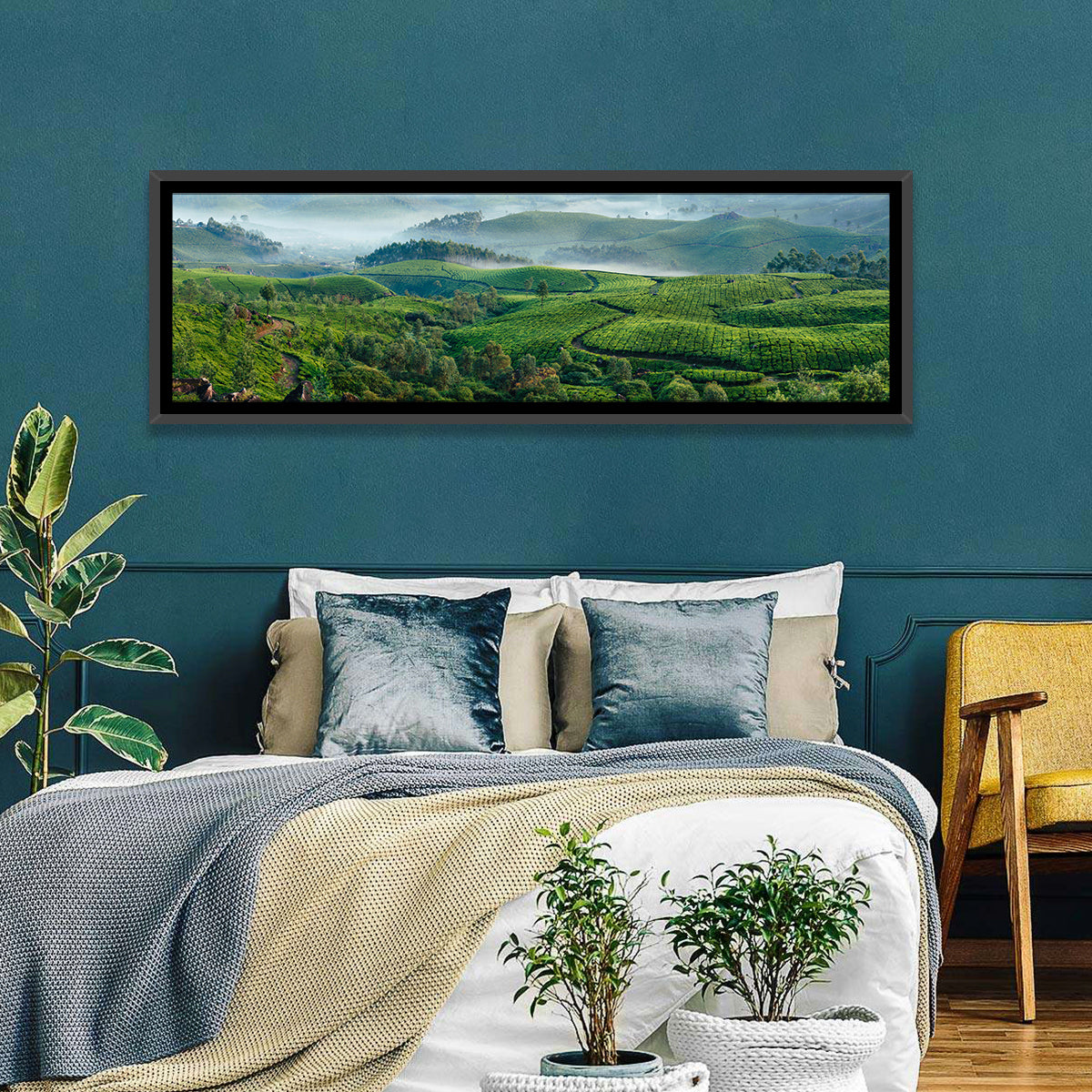 Kerala Tea Fields Wall Art in a room, panoramic