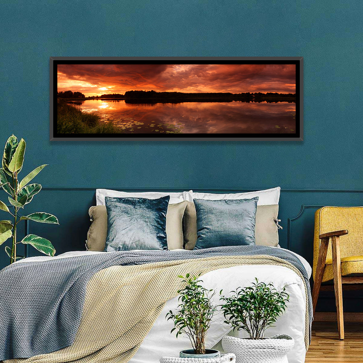 Sunset Lake Reflection Wall Art in a room, panoramic