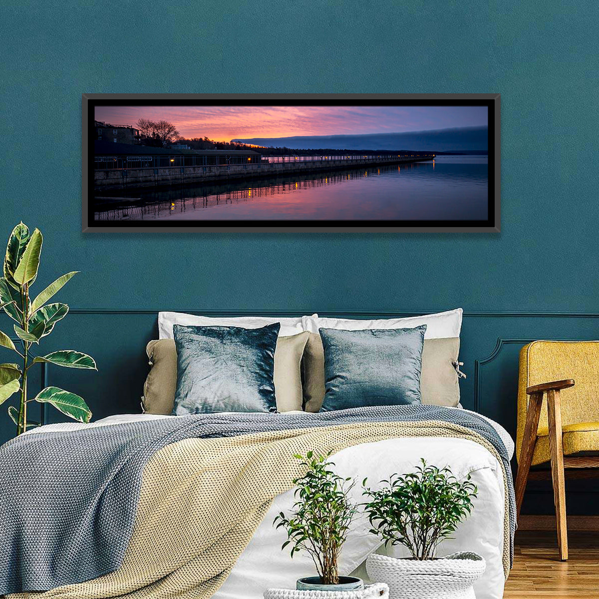 Skaneateles Lake Pier at Dusk Wall Art in a room, panoramic