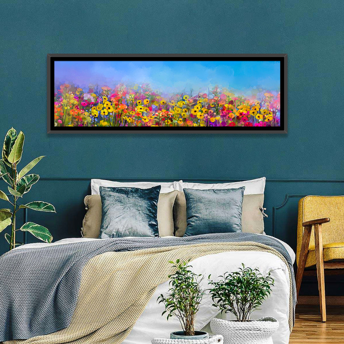 Cornflower and Daisy Meadow Wall Art in a room, panoramic