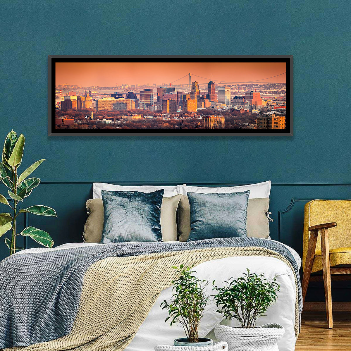 Newark Golden Hour Skyline Wall Art in a room, panoramic
