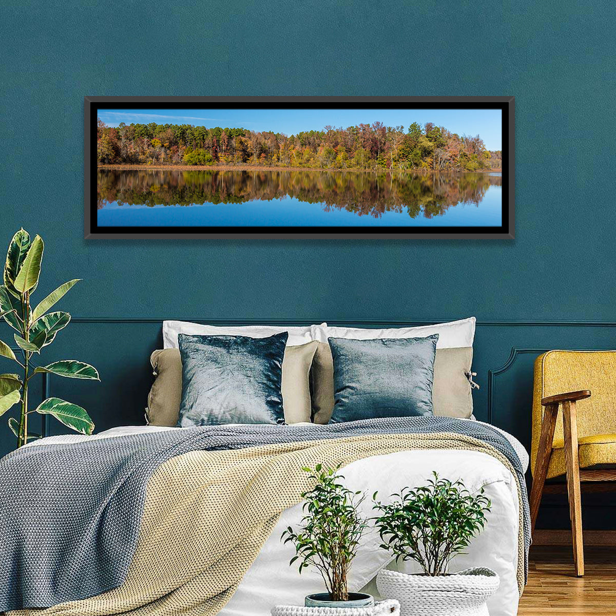 Petit Jean Lake Reflection Wall Art in a room, panoramic