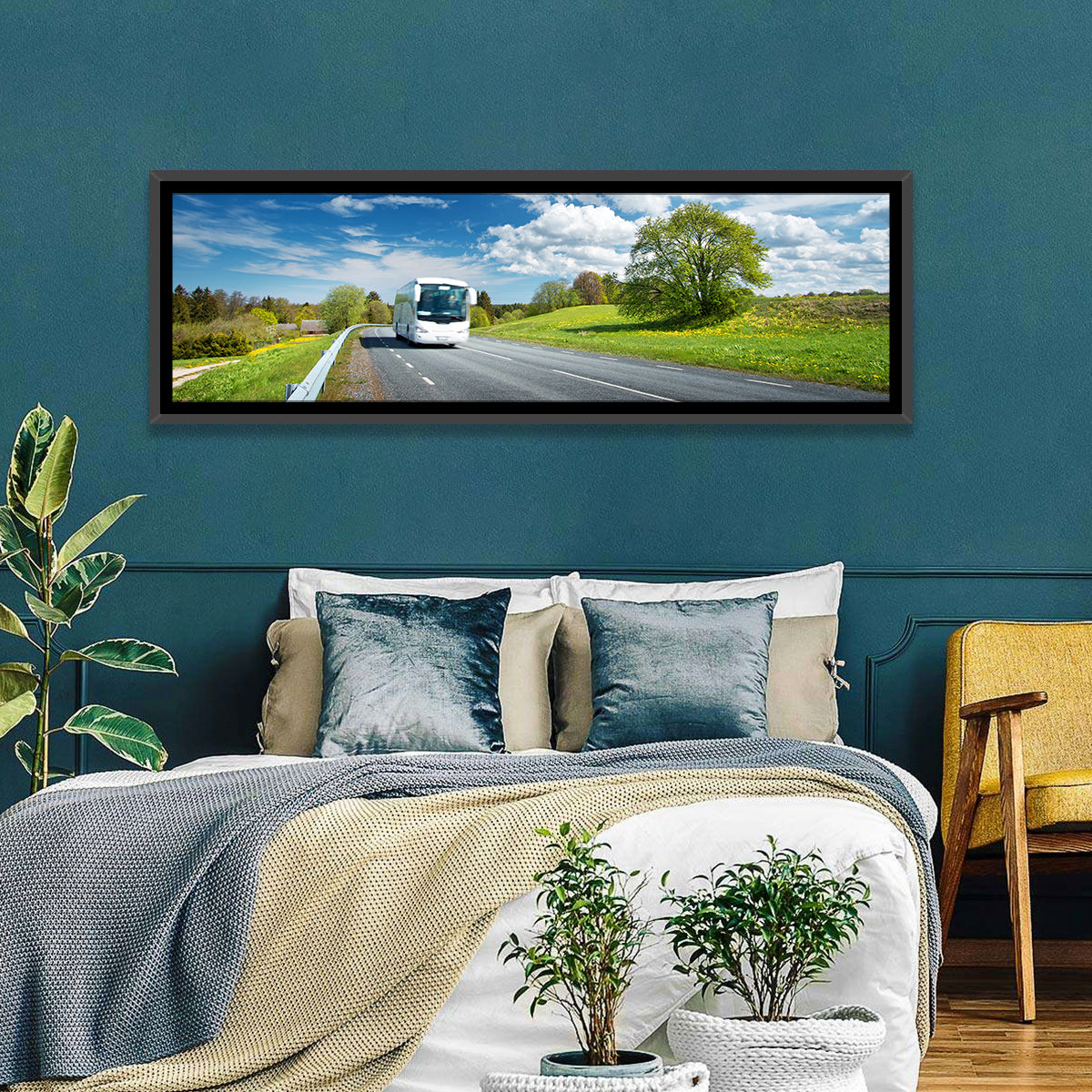 White Bus on Meadow Road Wall Art in a room, panoramic