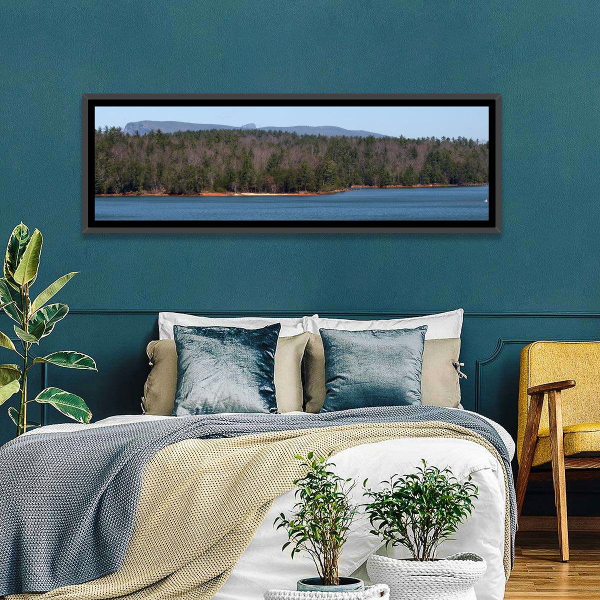 Lake James Shoreline Wall Art in a room, panoramic