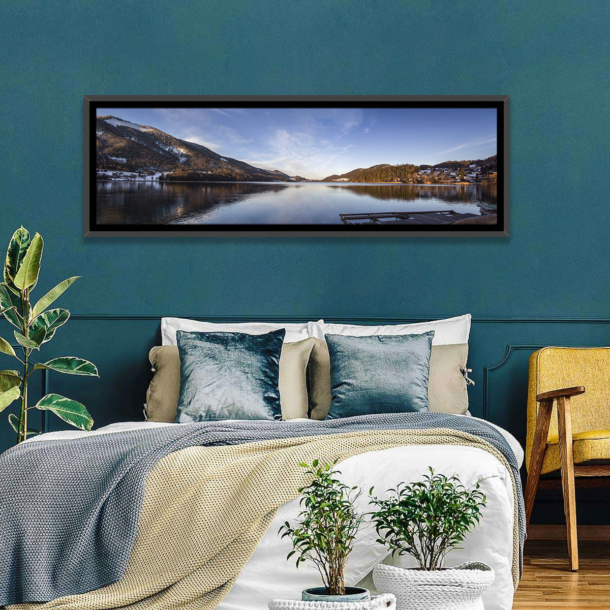Fuschlsee Dock at Golden Hour Wall Art in a room, panoramic