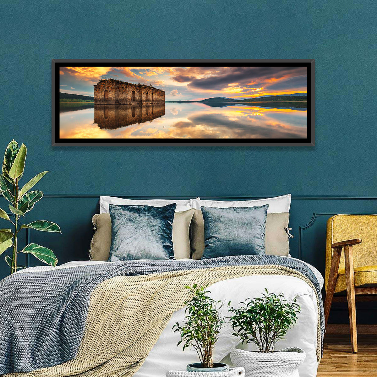 Sunken Church at Zhrebchevo Dam Wall Art in a room, panoramic