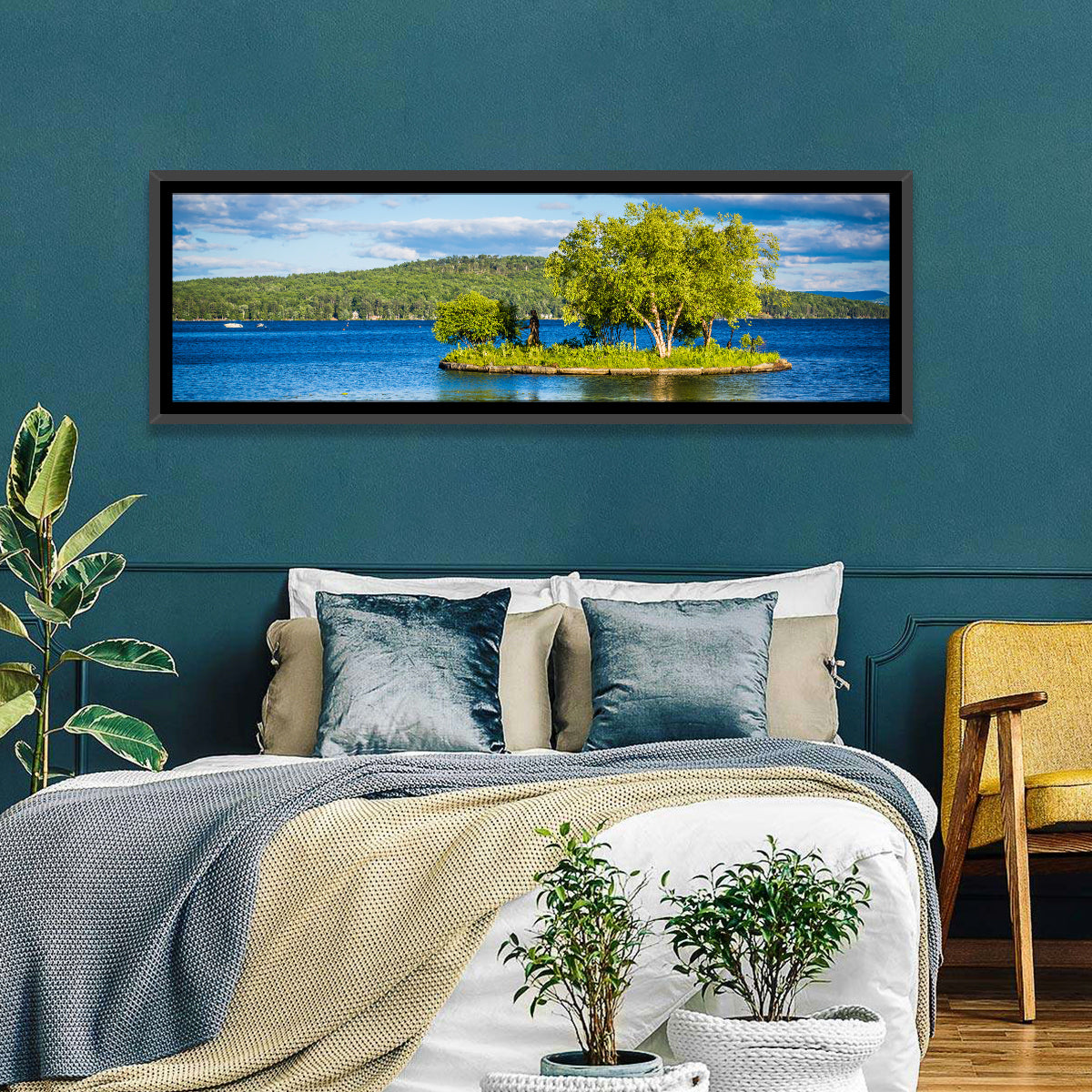 Lake Winnipesaukee Landscape Wall Art in a room, panoramic