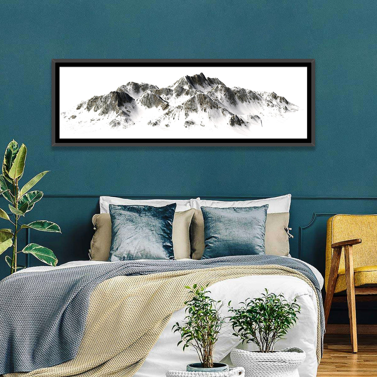 Winter Snow-capped Mountain Range Wall Art in a room, panoramic