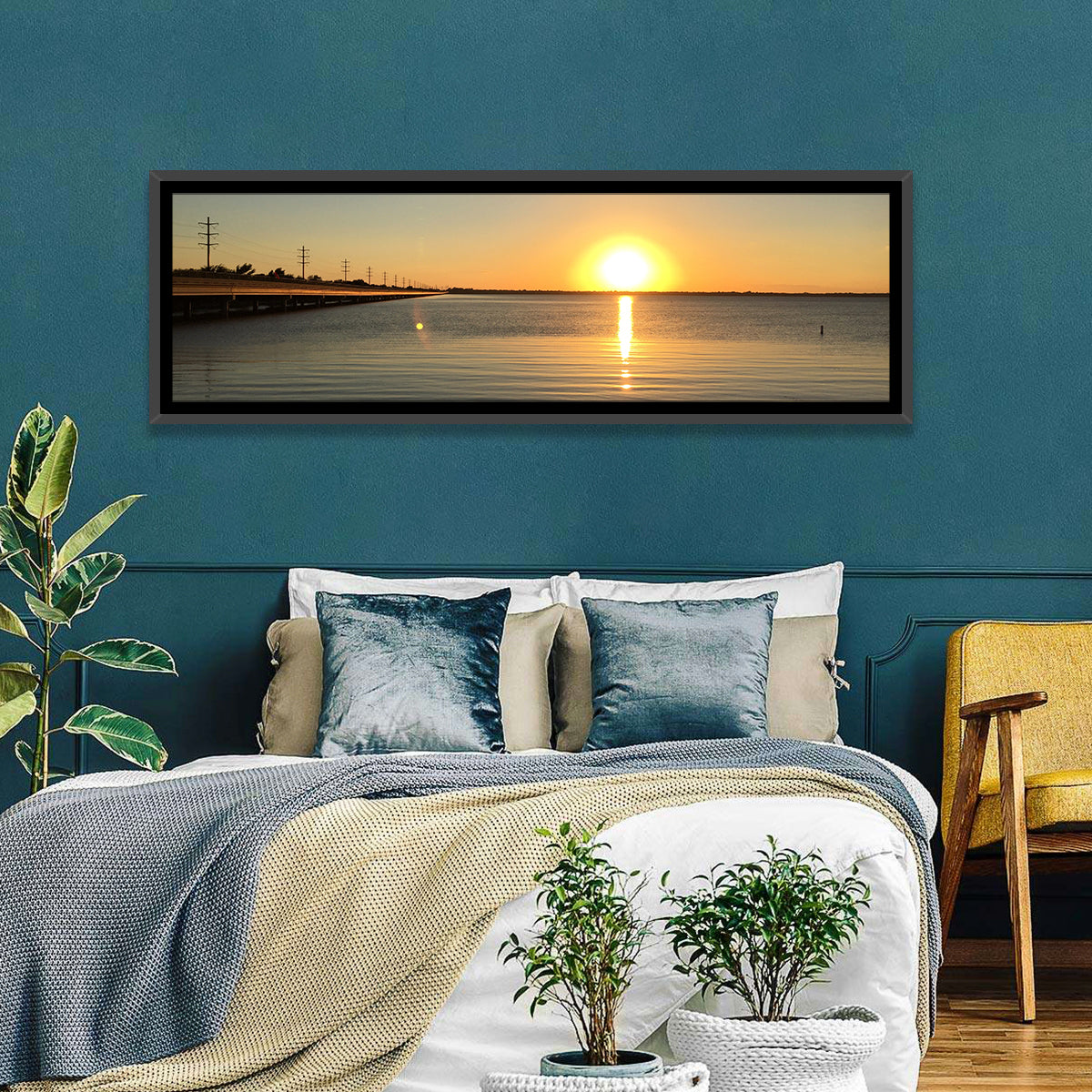 Lake Ray Hubbard Sunset Reflection Wall Art in a room, panoramic